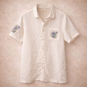 Folk Monty shirt in ecru cotton linen blend with blue floral embroidery M